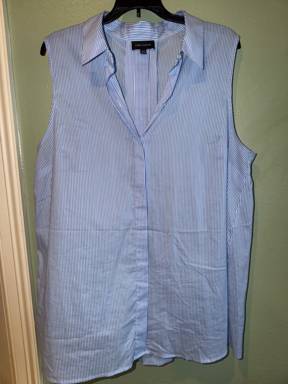 Lord & Taylor Blue and White Pinstriped Sleeveless Button-Up Top